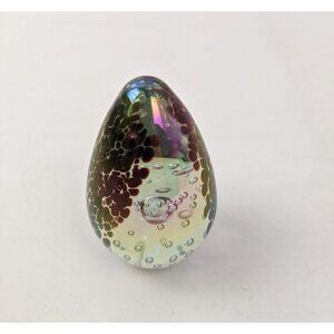 Glass Eye Studio Blue Purple Iridescent Controlled Bubble Egg Paperweight 2.75"